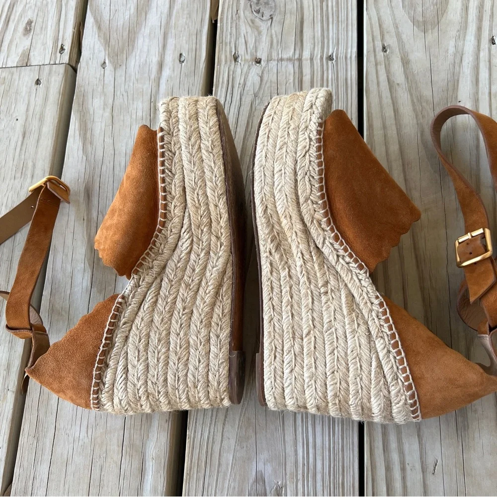 Chloe Lauren 40 Brown Suede Espadrille Wedge Sandals Cognac ankle wrap platform